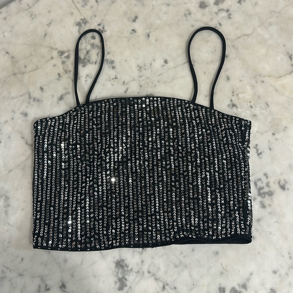 Altar’d State sequin spaghetti strap crop top.